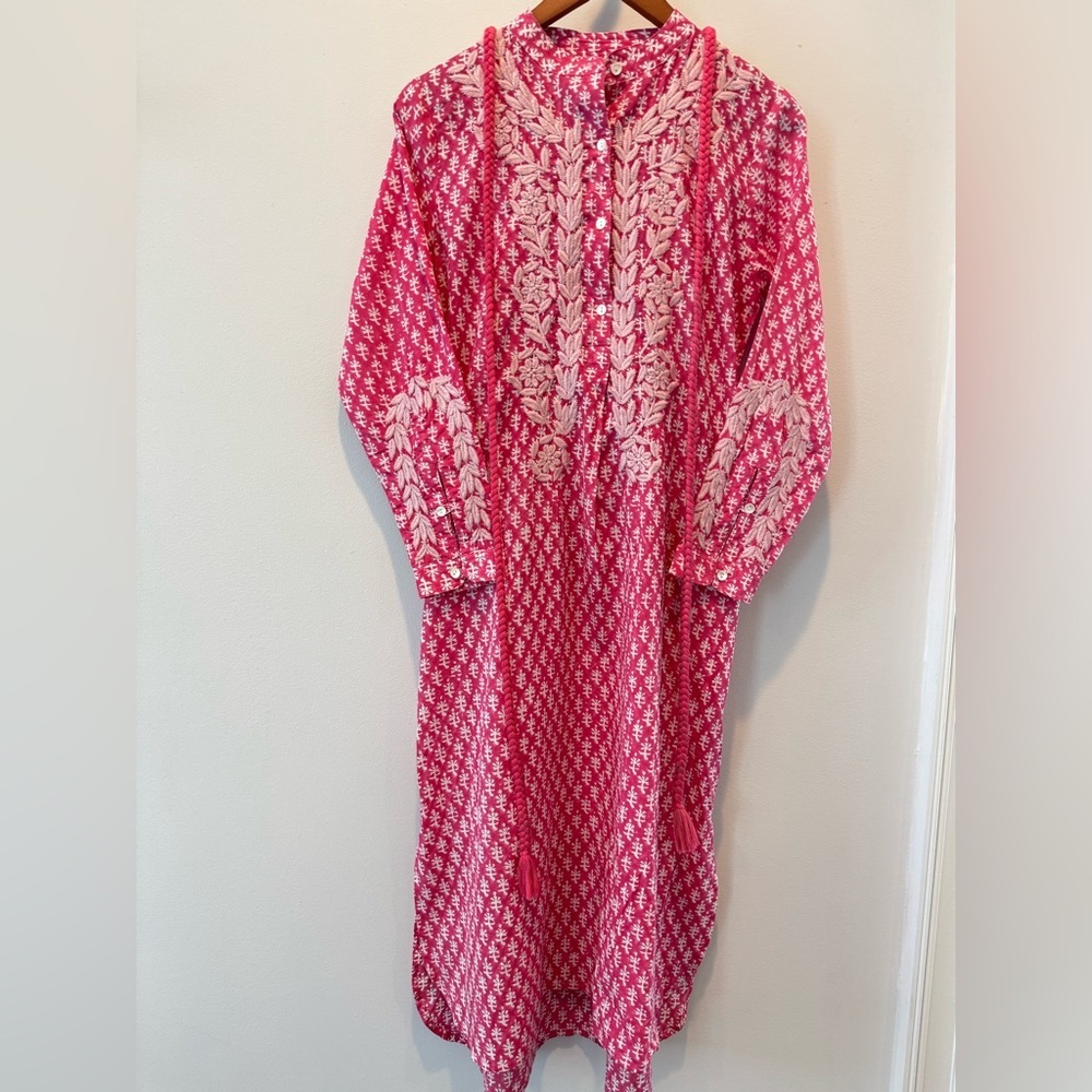 Pink Boho Embroidered Cotton Midi Dress Tassel Belt Beach Vacation XS EX VOTO - Picture 3 of 9